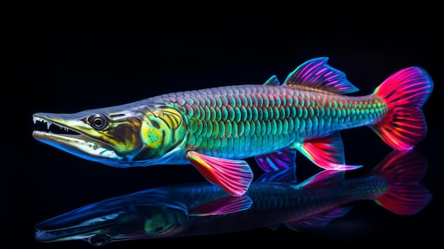 Photo alligator gar poisson lumière au néon couleur images générées par l'ia
