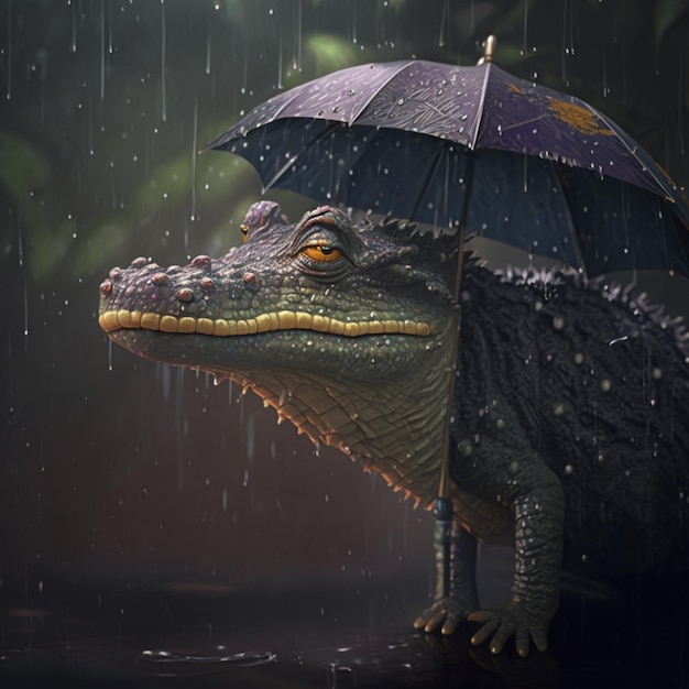 Alligator avec parapluies de pluie Ai générative