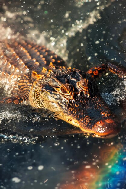 Un alligator plongé dans l'eau avec des éclaboussures vives et des reflets de lumière solaire