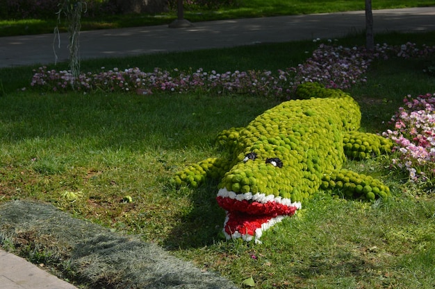 Un alligator vert fait de fleurs est sur l'herbe.