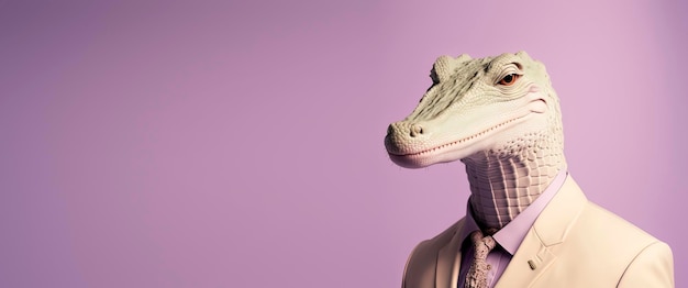 Alligator vêtu d'un costume formel avec un fond pastel homme d'affaires anthropomorphe Generative AI