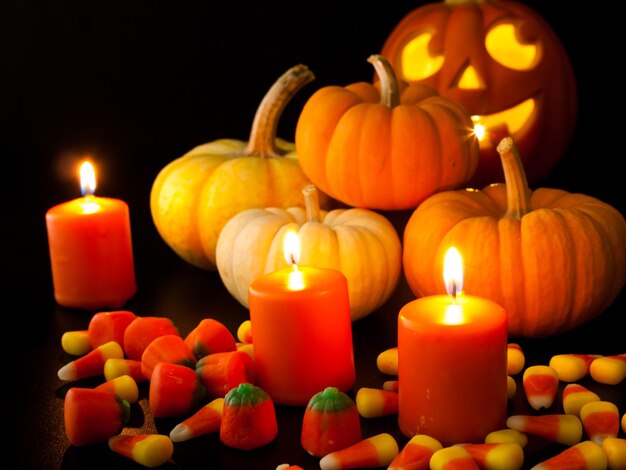 Allumé des bougies orange avec de petites citrouilles et jack-o'-lantern sur fond noir.