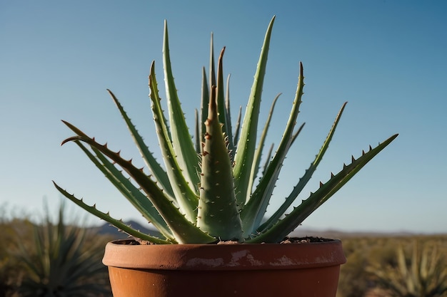 de l'aloe vera dans un pot avec un ciel clair en arrière-plan