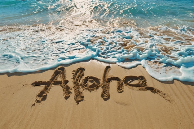 Aloha écrit dans le sable sur une plage tropicale