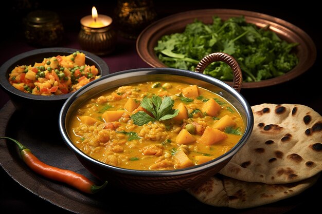 Photo aloo matar curry servi avec du puri ou du riz