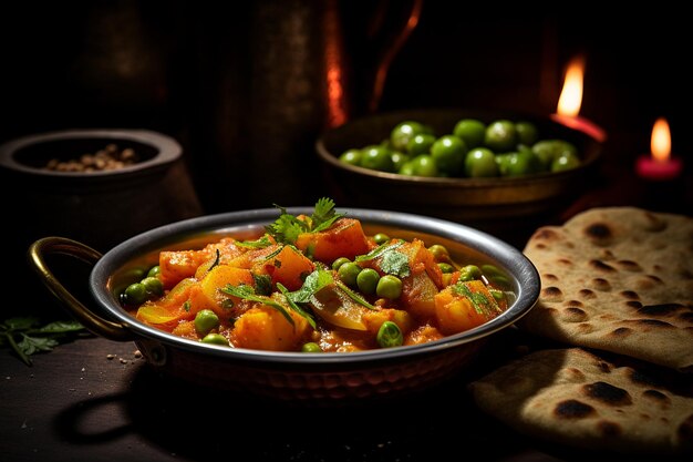 Photo aloo matar curry servi avec du puri ou du riz