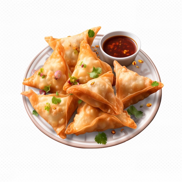 Aloo Samosa avec Sause rouge sur fond blanc