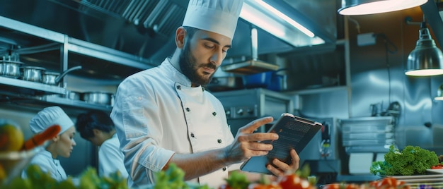 Photo alors qu'il travaille dans une cuisine moderne, un chef célèbre utilise une tablette pour les recettes. en arrière-plan, ses aides font leur travail.