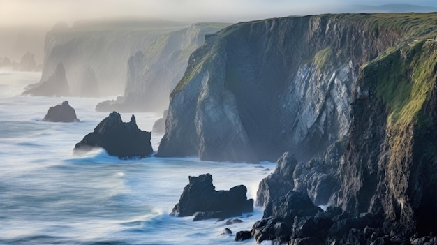 Alors que le brouillard s'installe, il crée une toile de fond surréaliste pour les falaises escarpées et les vagues de la