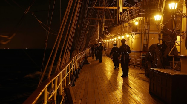 Alors que le navire navigue dans la nuit, les membres de l'équipage peuvent être vus autour du pont, chacun perdu dans