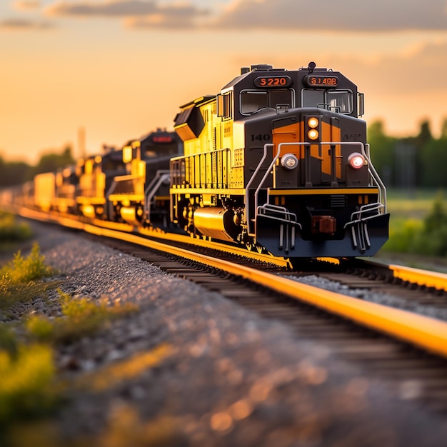 Alors que le soleil se couche sous l'horizon, le train de marchandises glisse gracieusement en avant, témoin silencieux de la beauté du soir.