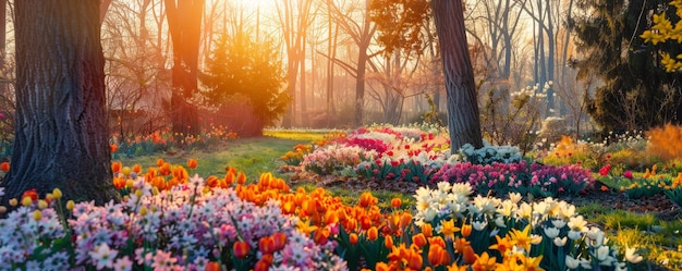 Alors que le soleil se lève, il jette une lueur dorée sur le jardin de Pâques en fleurs