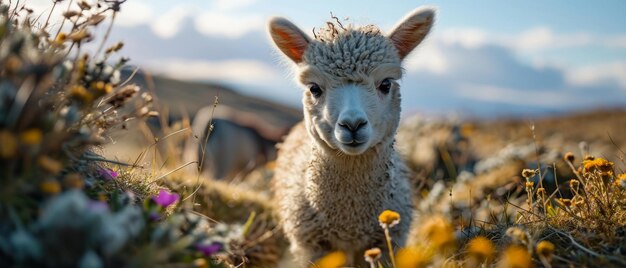 Un alpaca dans un champ de fleurs sauvages de montagne