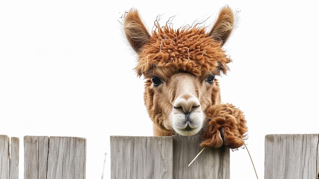 Un alpaca drôle accroché à une clôture isolé sur un fond blanc un alpaca faon Lama pacos AI génératif