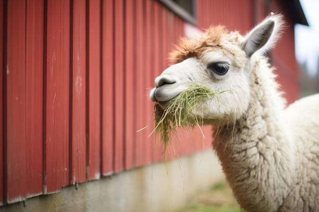 Photo un alpaca mâche de l'herbe près d'une grange érodée