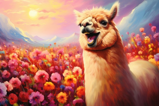 Photo l'alpaca qui rit dans une prairie colorée sur le fond d'un champ de fleurs