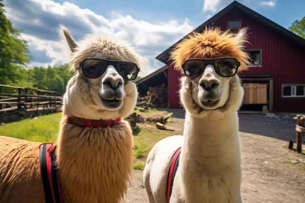 Photo des alpacas drôles en gros plan dans une ferme confortable portant des lunettes de soleil