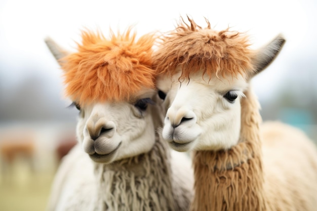 Les alpacas avec les têtes reposées l'une sur l'autre