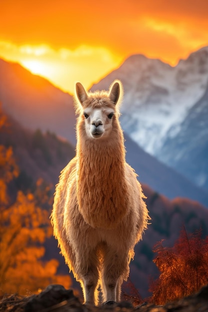 Un alpaga broutant calmement sur un sommet de montagne au coucher du soleil