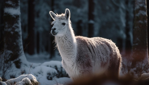 Alpaga mignon broutant dans un pré rural enneigé généré par l'IA