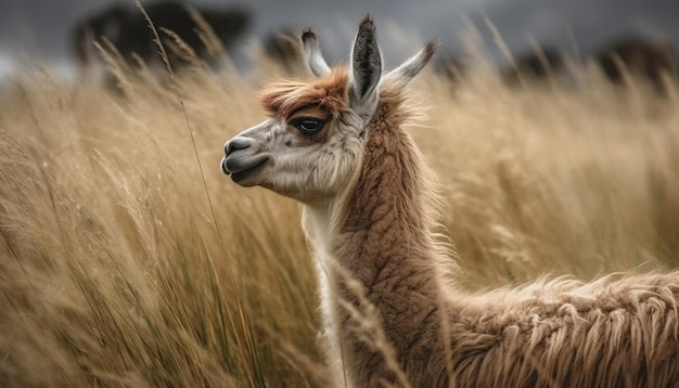 Alpaga mignon broutant dans un pré vert regardant la caméra générée par l'IA