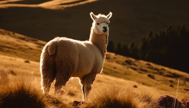 Alpaga moelleux broutant sur une prairie de ferme rurale générée par l'IA