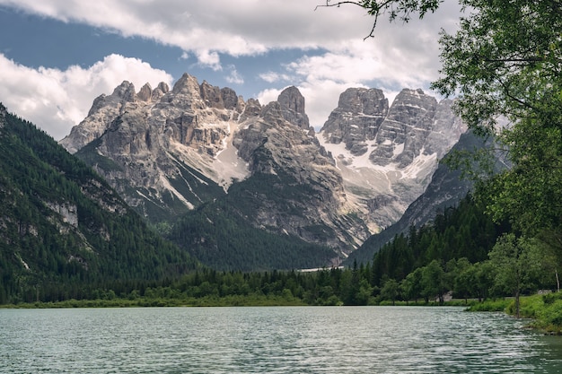 Alpes avec montagne et lac près de la forêt verte