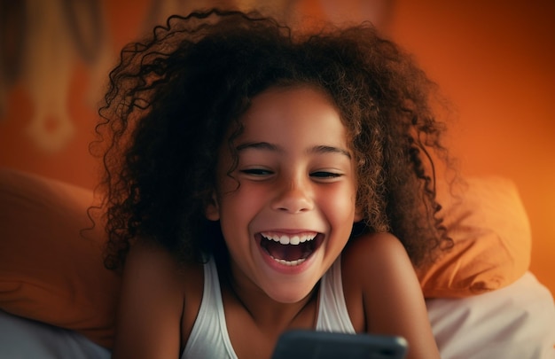 Alpha Kid de nouvelle génération utilisant un smartphone au lit Gen Alpha Digital Native Child seul avec un téléphone