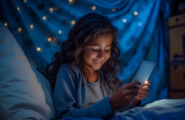 Alpha Kid de nouvelle génération utilisant un smartphone au lit Gen Alpha Digital Native Child seul avec un téléphone