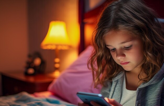 Alpha Kid de nouvelle génération utilisant un smartphone au lit Gen Alpha Digital Native Child seul avec un téléphone