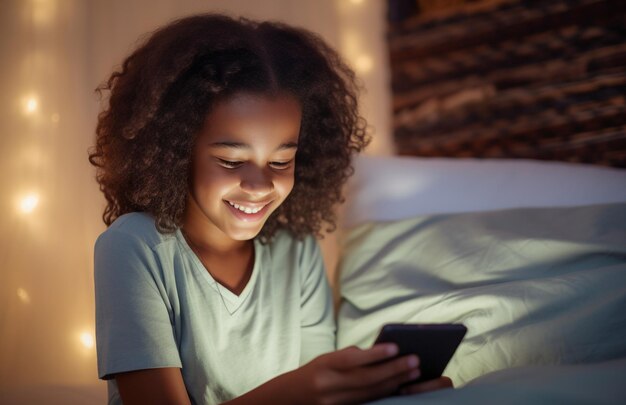 Alpha Kid de nouvelle génération utilisant un smartphone au lit Gen Alpha Digital Native Child seul avec un téléphone