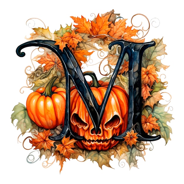 Alphabet à l'aquarelle La lettre M d'Halloween avec des citrouilles et des feuilles d'automne