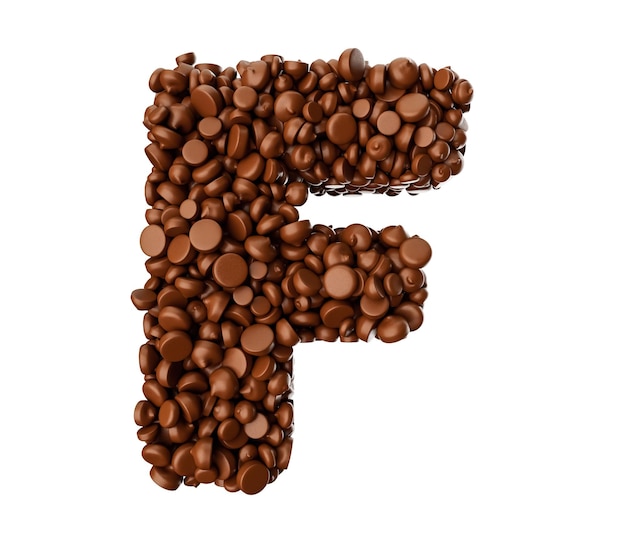 Alphabet f fait de pépites de chocolat morceaux de chocolat lettre alphabet f 3d illustration