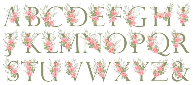 Un alphabet floral avec des roses et des feuilles vertes