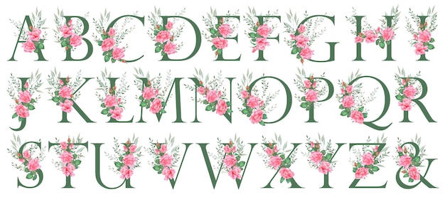 Un alphabet floral avec des roses roses