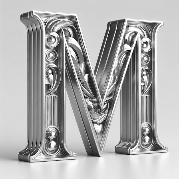 L'alphabet Majestic 3d M coulé dans un ornement métallique Art l'argent La lettre M conception du logo