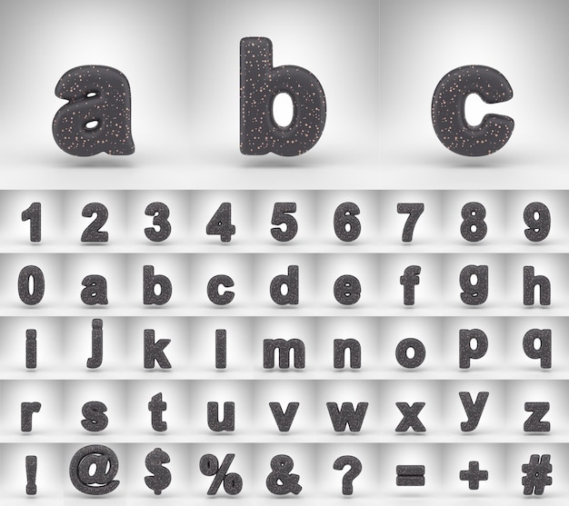 Photo alphabet mat noir avec des lettres minuscules sur fond blanc. numéros de lettres de rendu 3d et symboles de police avec des points de cuivre.