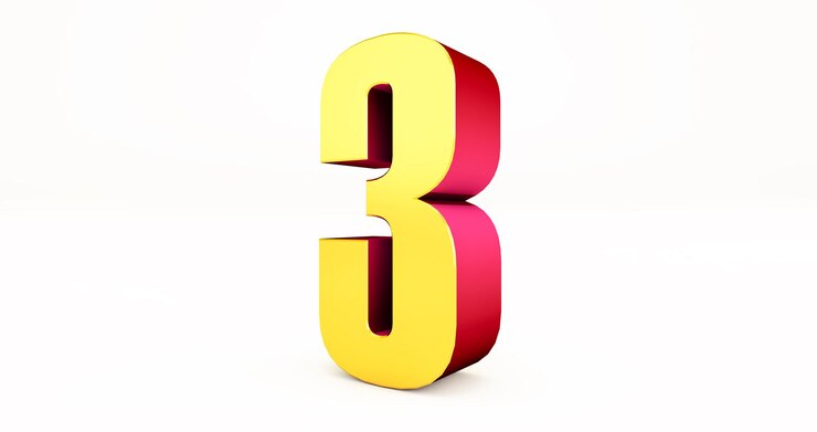 Photo alphabet métallique doré, rendu 3d du numéro trois comme un objet doré poli isolé sur fond blanc