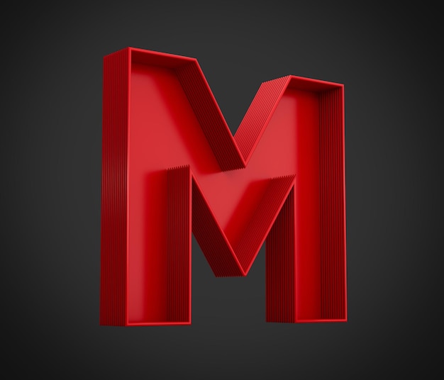 Alphabet rouge M avec ombre intérieure isolée sur fond noir illustration 3d