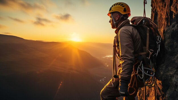 L'alpiniste actif embrasse le défi dans la lumière chaude de la montagne