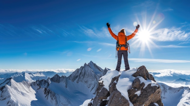 Un alpiniste atteint le sommet sous un ciel bleu