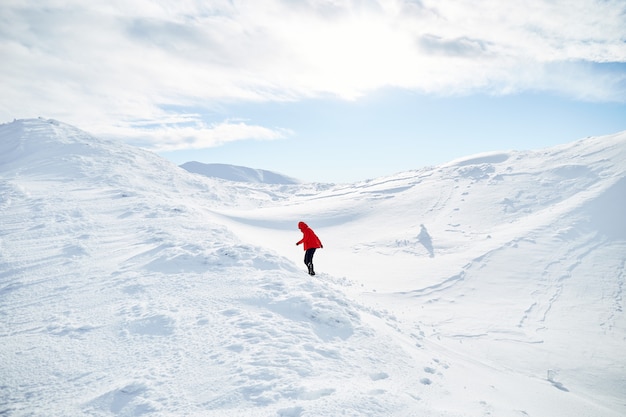 Alpiniste femme marchant sur la colline couverte de neige fraîche. Montagnes carpates