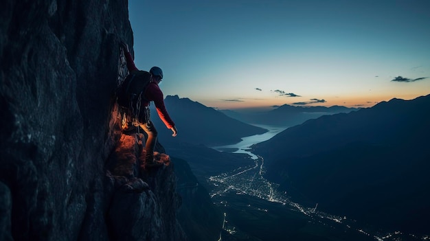 Photo un alpiniste grimpe au sommet d'une grande montagne génération ai