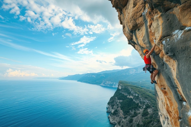 Alpiniste masculin sur une roche surplombante contre une belle vue sur la côte en dessous