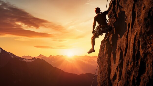 Alpiniste le soir un jeune homme d'origine caucasienne monte une route difficile sur une falaise en surplomb.