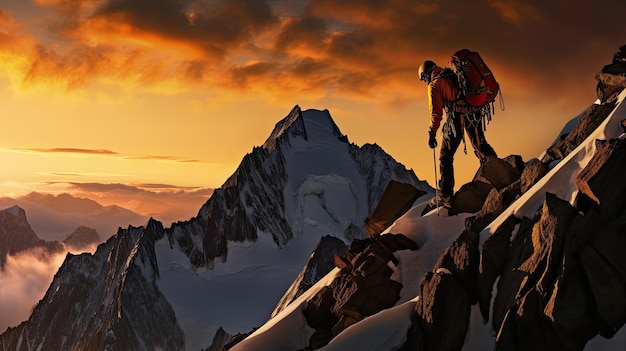 Un alpiniste triomphe sur un sommet déchiqueté