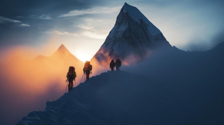 Photo des alpinistes au lever du soleil un voyage majestueux
