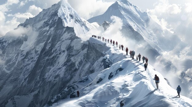 Photo des alpinistes en randonnée dans le paysage des montagnes enneigées