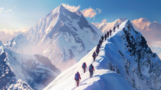Photo des alpinistes en randonnée dans le paysage des montagnes enneigées