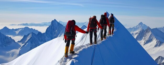 Photo des alpinistes se serrent la main au sommet